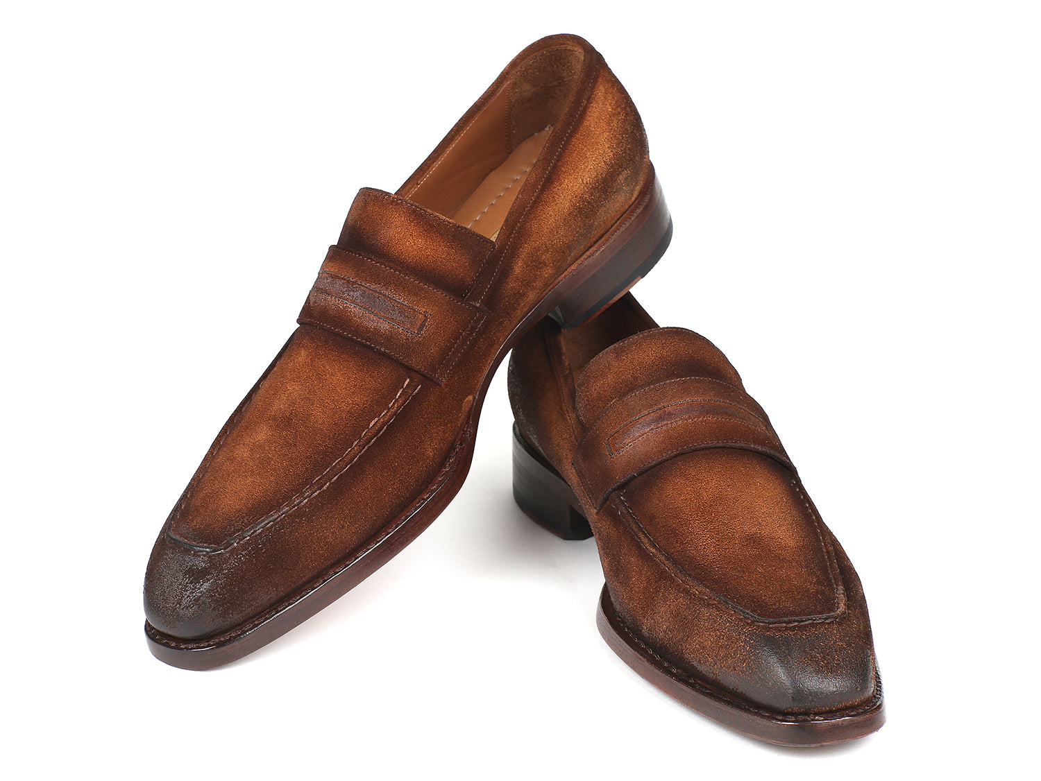 Paul Parkman Brown Antique Suede Goodyear Welted Loafers showcasing antiqued brown suede upper and natural burnished leather sole.