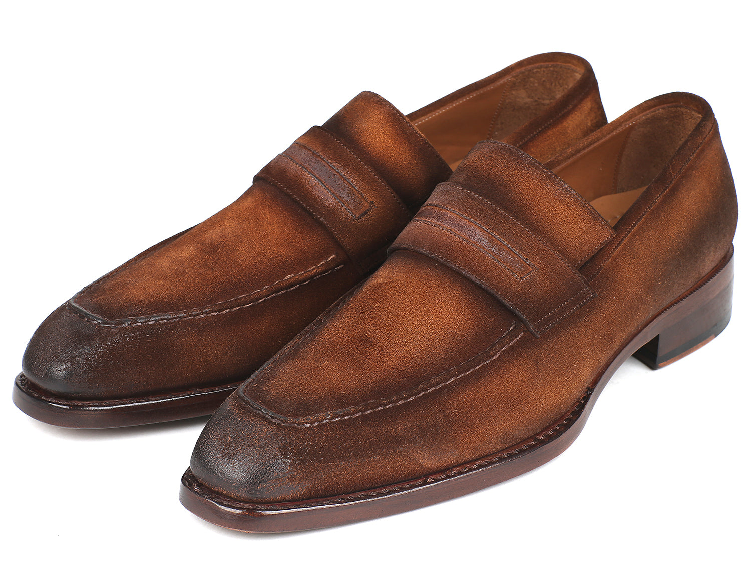 Paul Parkman Brown Antique Suede Goodyear Welted Loafers showcasing antiqued brown suede upper and natural burnished leather sole.