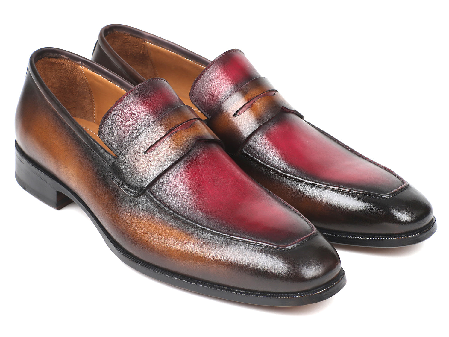 Paul Parkman Brown & Bordeaux Dual Tone Loafers for Men, showcasing hand-painted calfskin leather with an antique finished sole.