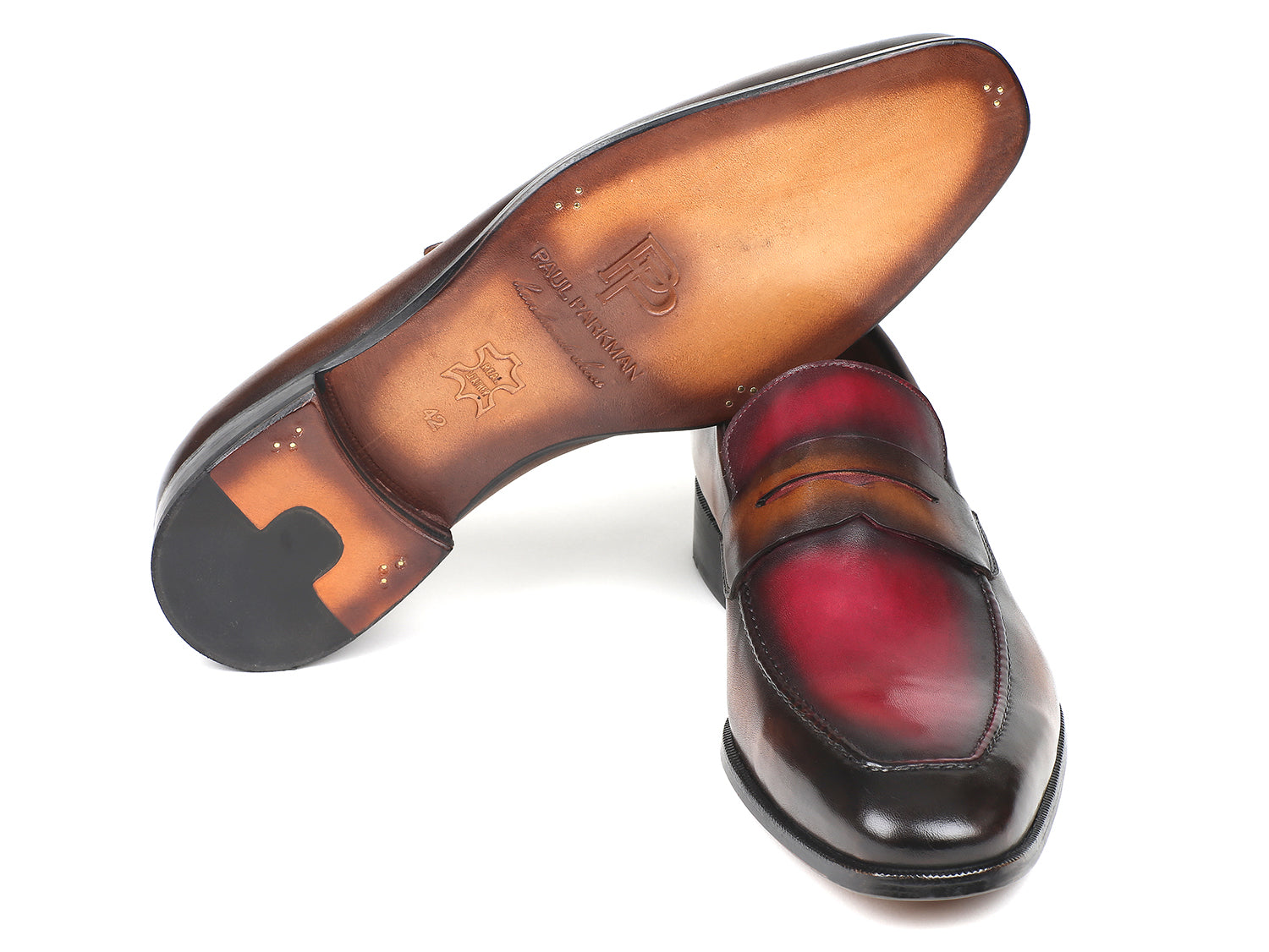 Paul Parkman Brown & Bordeaux Dual Tone Loafers for Men, showcasing hand-painted calfskin leather with an antique finished sole.