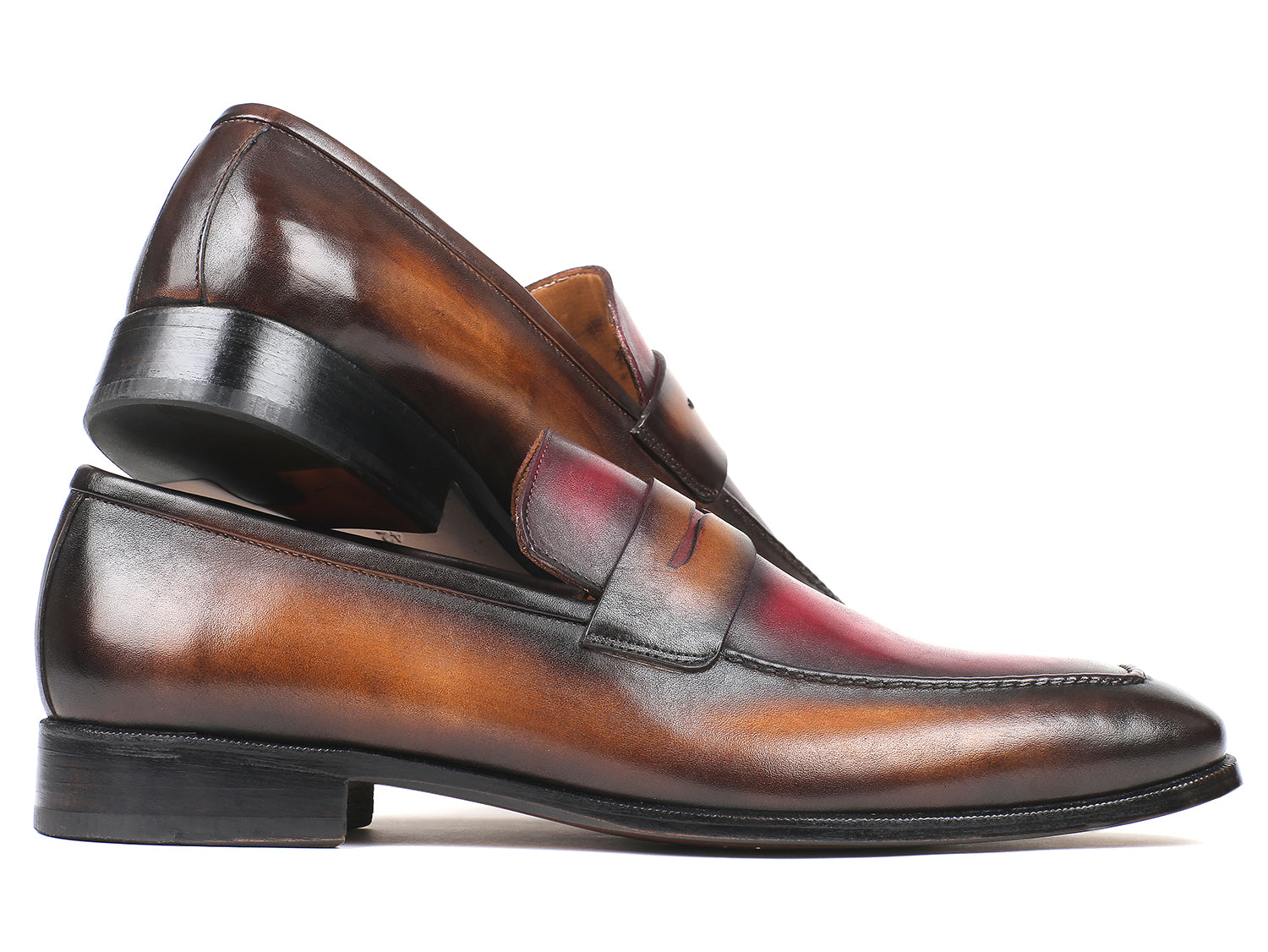 Paul Parkman Brown & Bordeaux Dual Tone Loafers for Men, showcasing hand-painted calfskin leather with an antique finished sole.