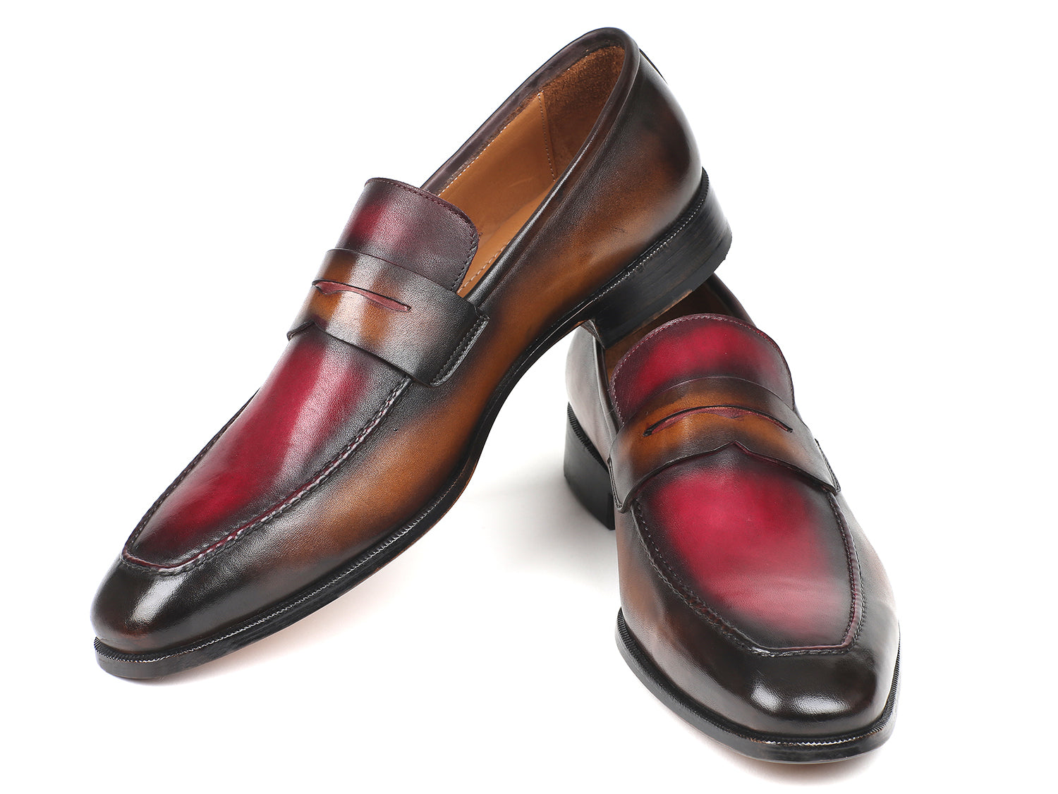 Paul Parkman Brown & Bordeaux Dual Tone Loafers for Men, showcasing hand-painted calfskin leather with an antique finished sole.