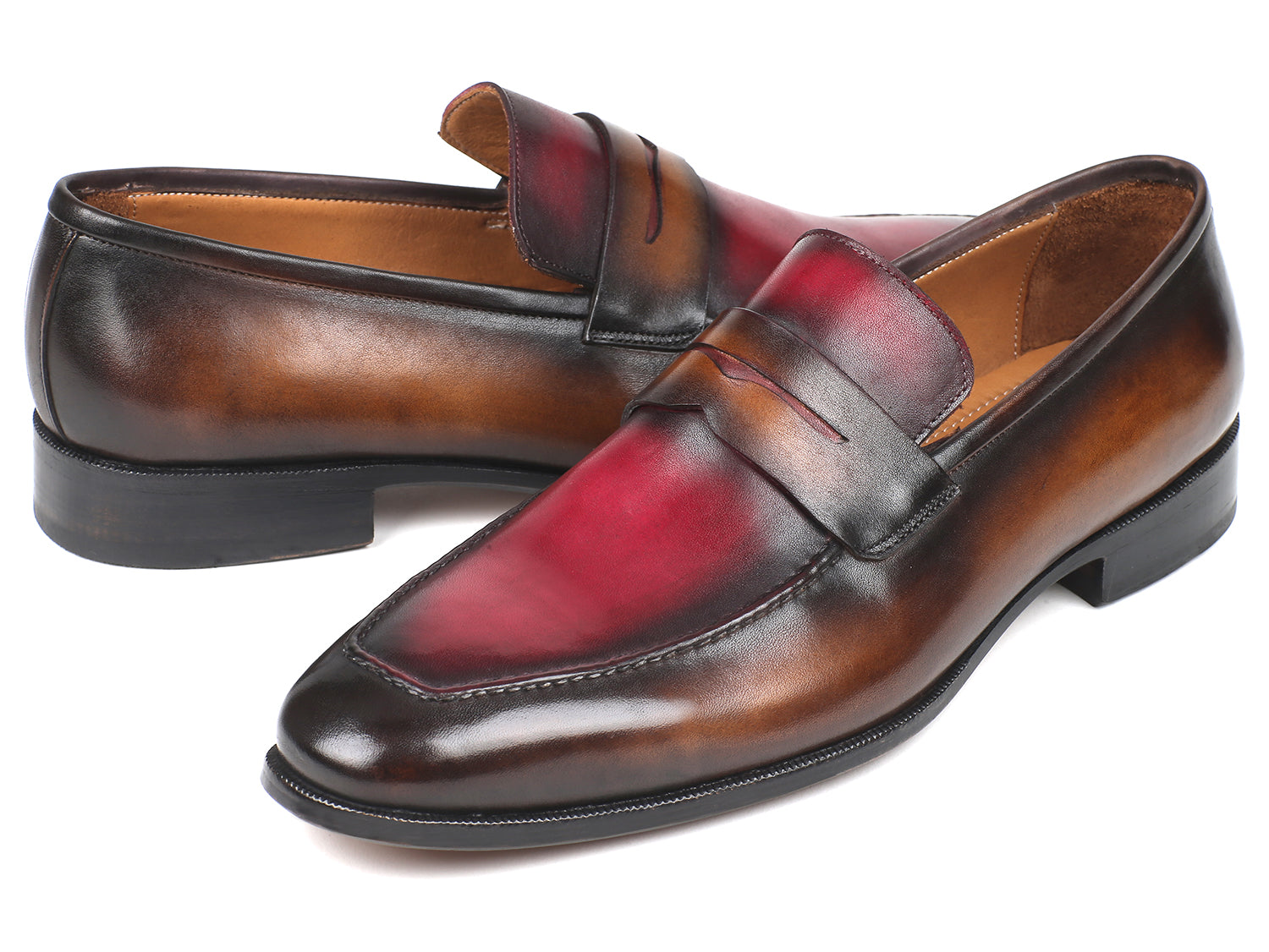 Paul Parkman Brown & Bordeaux Dual Tone Loafers for Men, showcasing hand-painted calfskin leather with an antique finished sole.