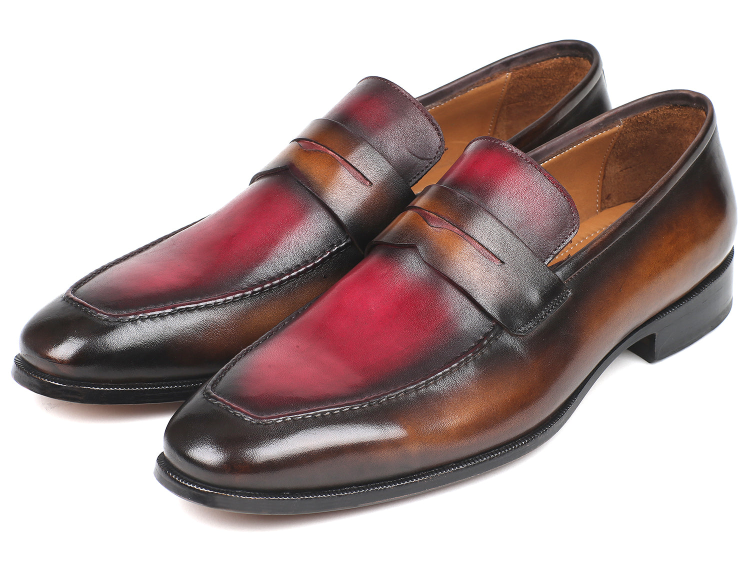 Paul Parkman Brown & Bordeaux Dual Tone Loafers for Men, showcasing hand-painted calfskin leather with an antique finished sole.