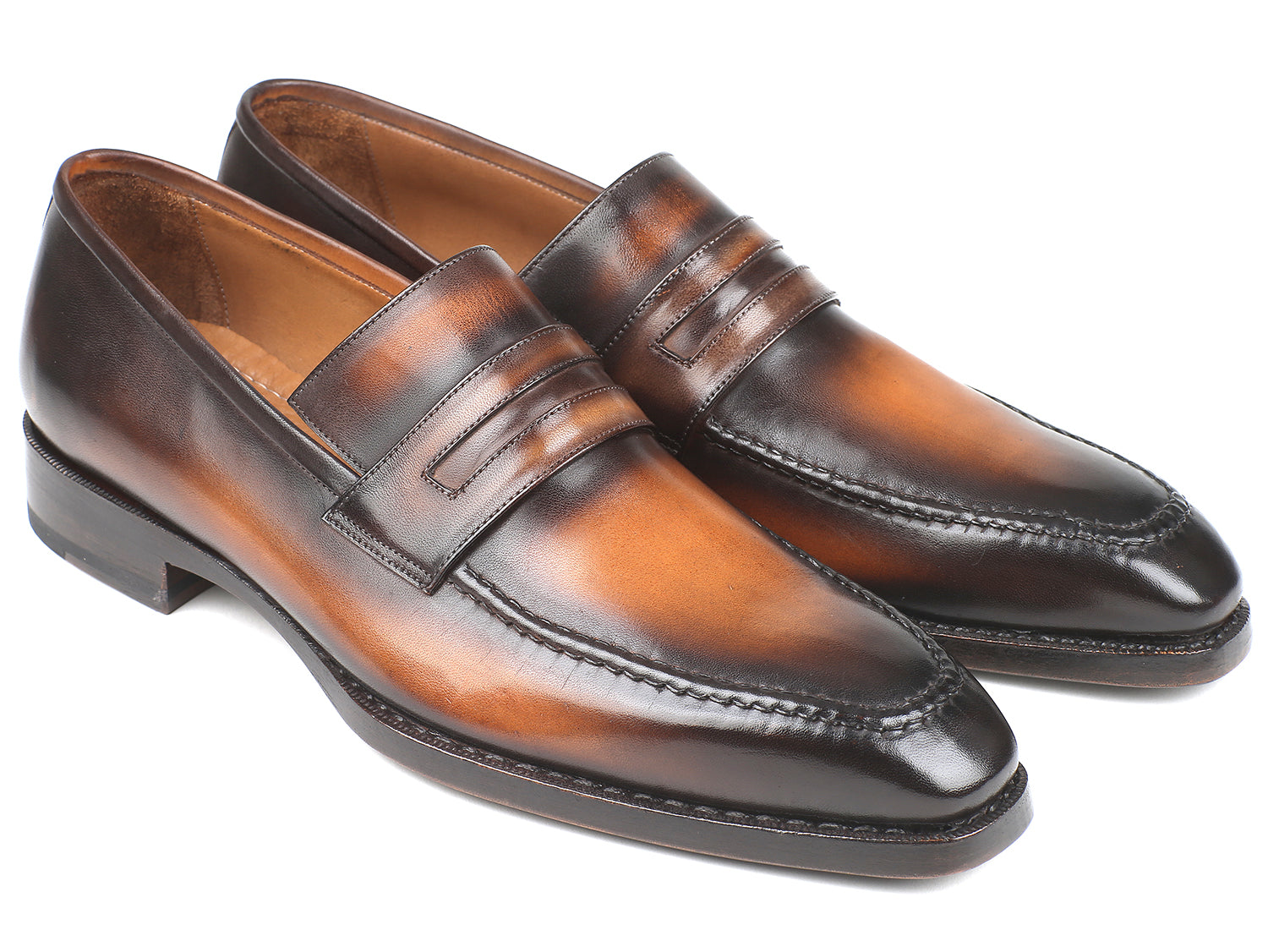 Paul Parkman Brown Burnished Goodyear Welted Loafers showcasing hand-painted calfskin leather and antique finished sole.