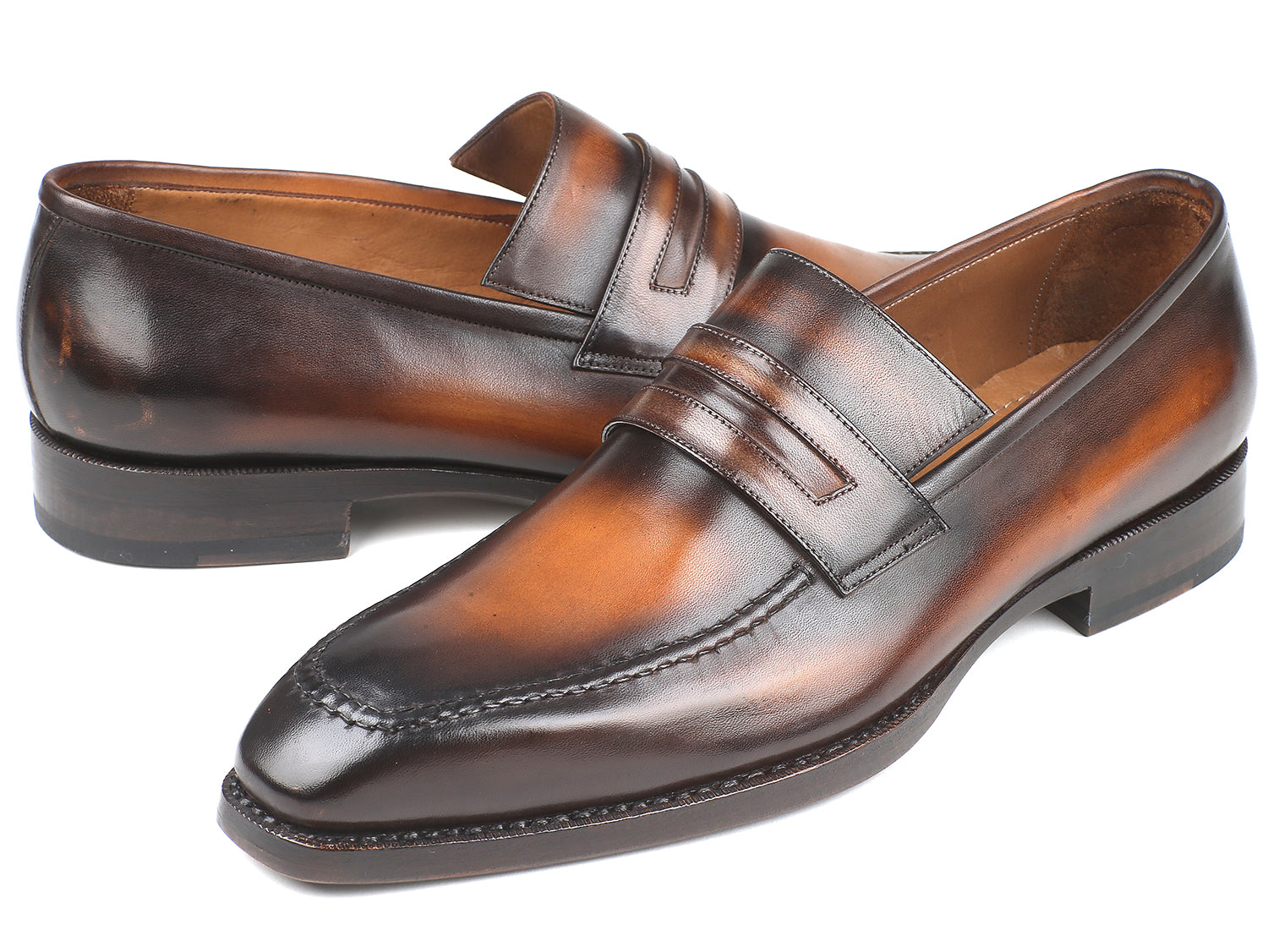 Paul Parkman Brown Burnished Goodyear Welted Loafers showcasing hand-painted calfskin leather and antique finished sole.