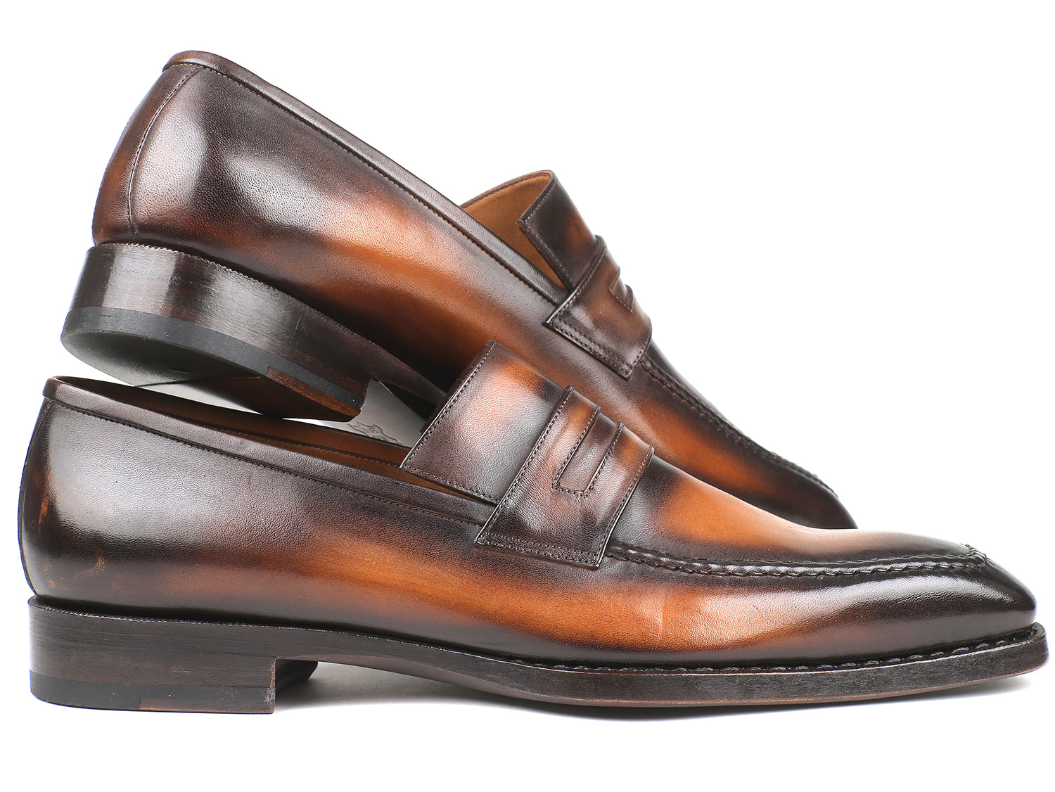 Paul Parkman Brown Burnished Goodyear Welted Loafers showcasing hand-painted calfskin leather and antique finished sole.