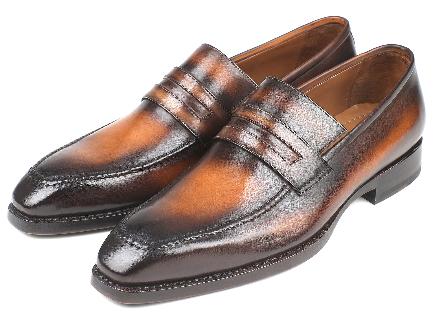 Paul Parkman Brown Burnished Goodyear Welted Loafers showcasing hand-painted calfskin leather and antique finished sole.