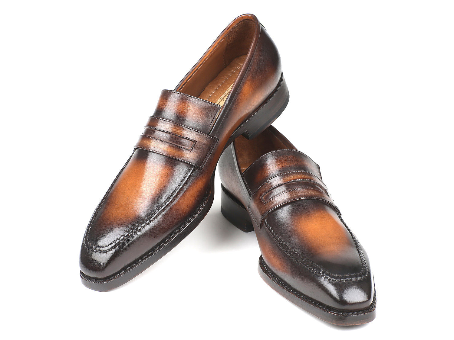 Paul Parkman Brown Burnished Goodyear Welted Loafers showcasing hand-painted calfskin leather and antique finished sole.