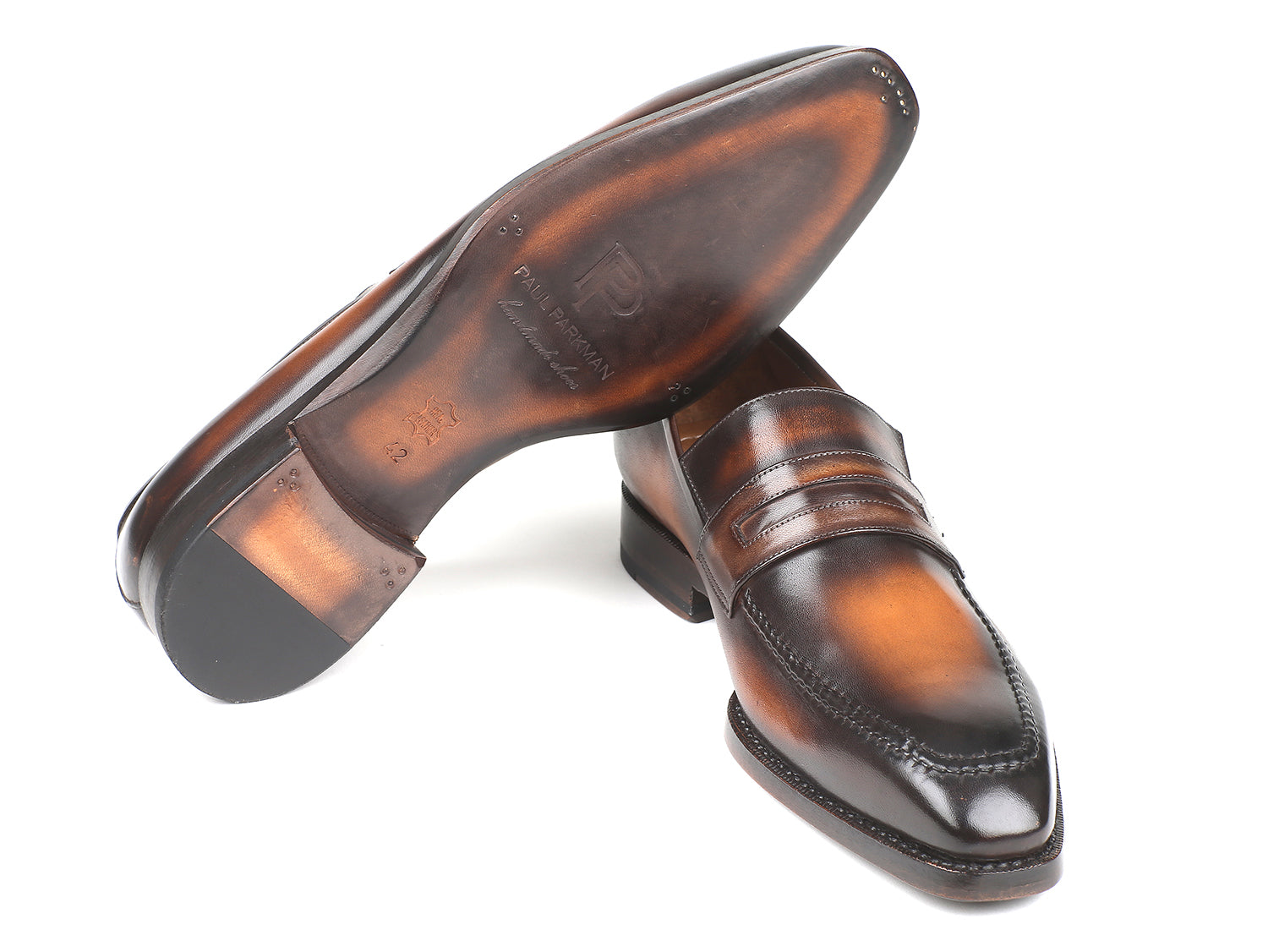 Paul Parkman Brown Burnished Goodyear Welted Loafers showcasing hand-painted calfskin leather and antique finished sole.