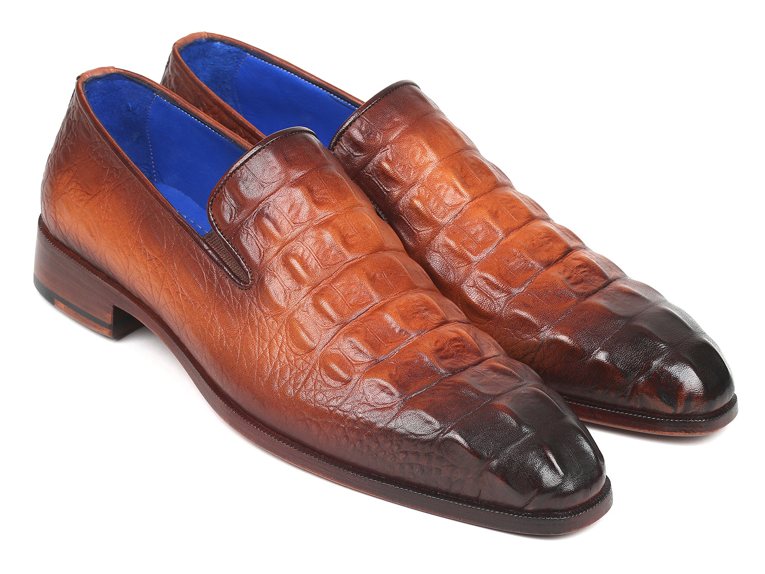 Paul Parkman Brown Crocodile Embossed Calfskin Loafers showcasing unique hand-painted design and luxurious blue leather lining.