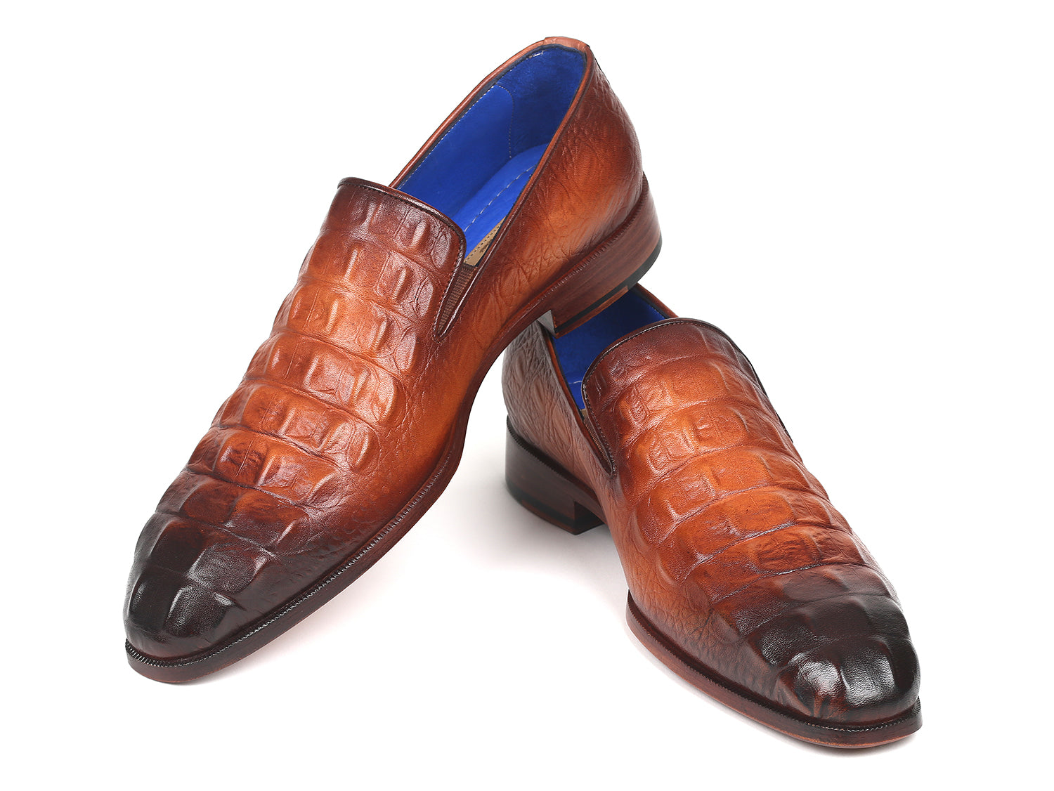 Paul Parkman Brown Crocodile Embossed Calfskin Loafers showcasing unique hand-painted design and luxurious blue leather lining.