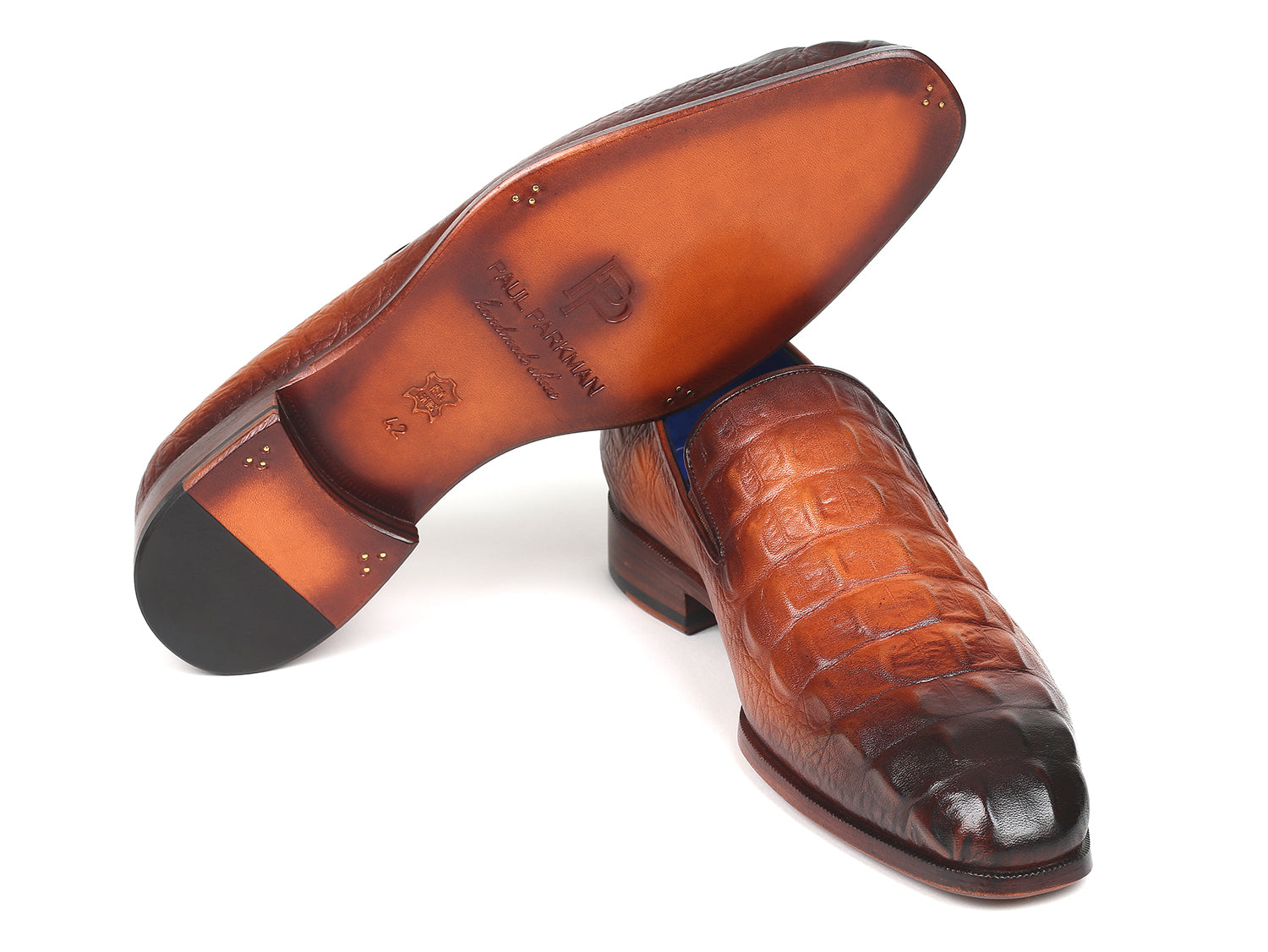 Paul Parkman Brown Crocodile Embossed Calfskin Loafers showcasing unique hand-painted design and luxurious blue leather lining.