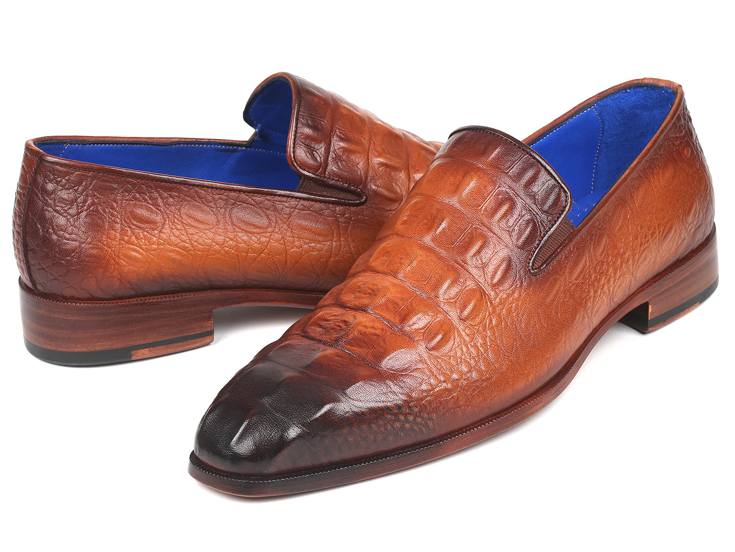 Paul Parkman Brown Crocodile Embossed Calfskin Loafers showcasing unique hand-painted design and luxurious blue leather lining.