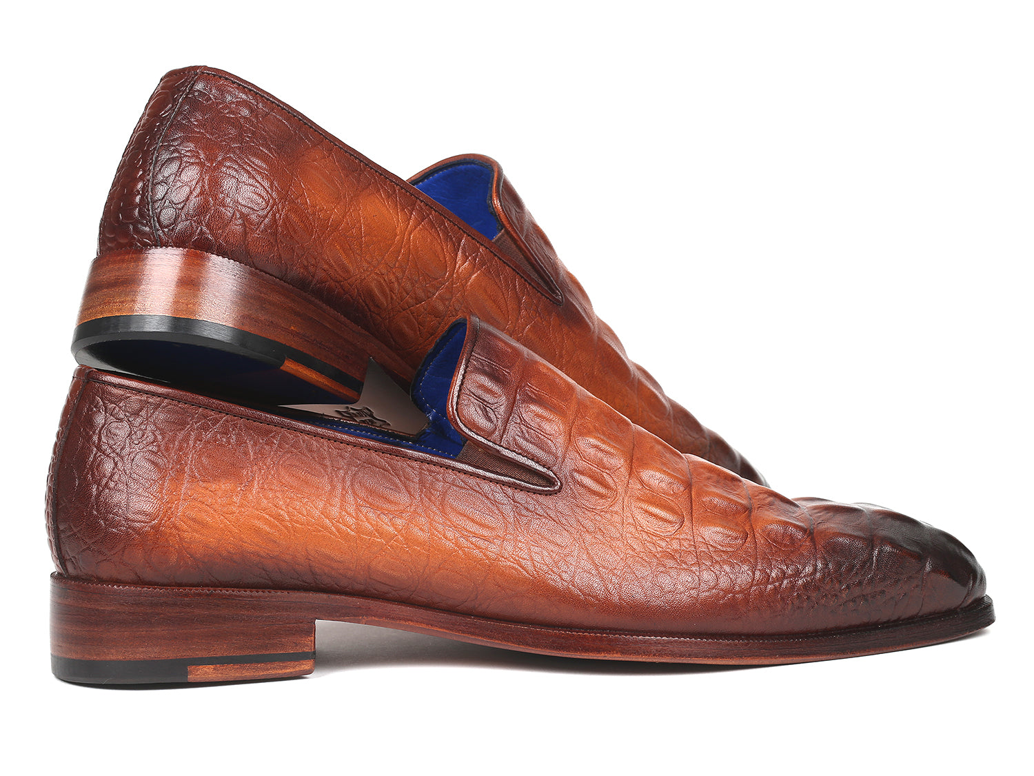 Paul Parkman Brown Crocodile Embossed Calfskin Loafers showcasing unique hand-painted design and luxurious blue leather lining.