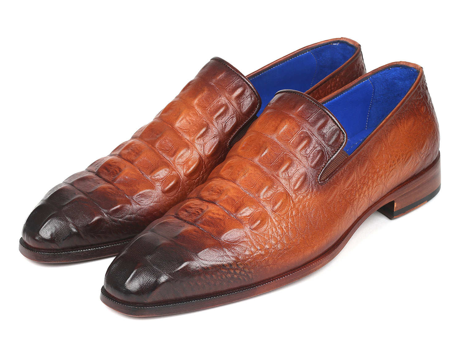 Paul Parkman Brown Crocodile Embossed Calfskin Loafers showcasing unique hand-painted design and luxurious blue leather lining.