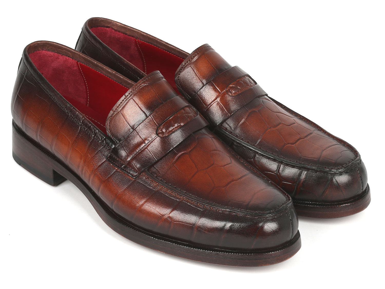 Paul Parkman Brown Crocodile Embossed Calfskin Penny Loafers showcasing luxurious leather and unique design.