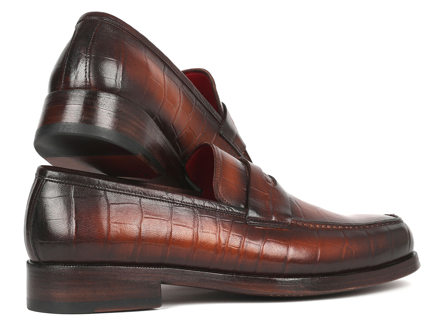 Paul Parkman Brown Crocodile Embossed Calfskin Penny Loafers showcasing luxurious leather and unique design.