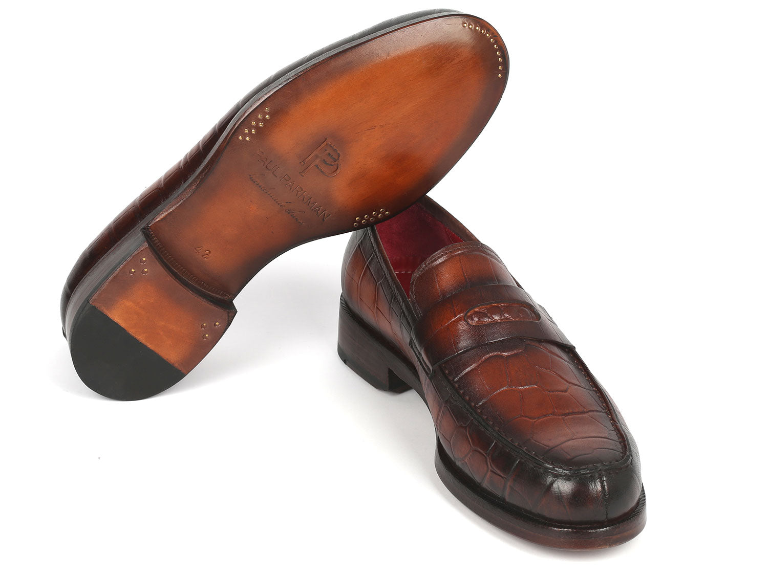 Paul Parkman Brown Crocodile Embossed Calfskin Penny Loafers showcasing luxurious leather and unique design.