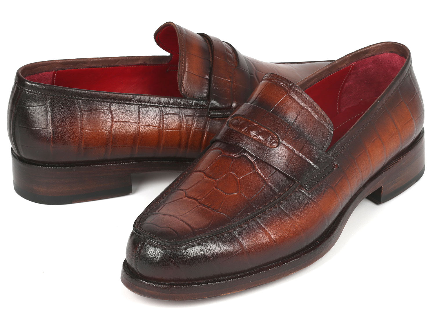 Paul Parkman Brown Crocodile Embossed Calfskin Penny Loafers showcasing luxurious leather and unique design.