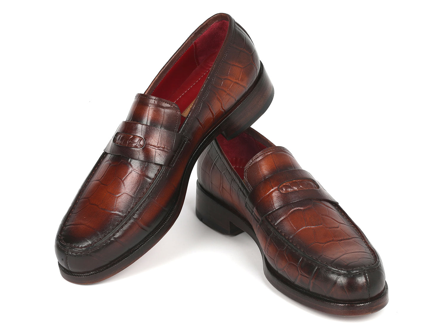 Paul Parkman Brown Crocodile Embossed Calfskin Penny Loafers showcasing luxurious leather and unique design.