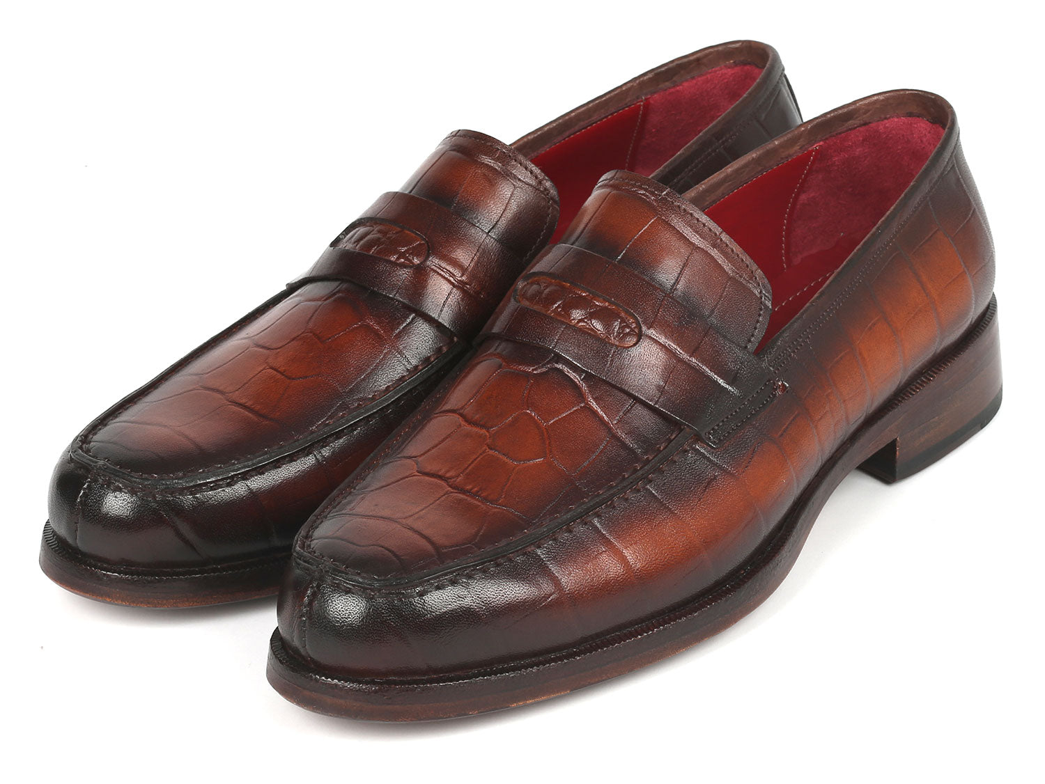 Paul Parkman Brown Crocodile Embossed Calfskin Penny Loafers showcasing luxurious leather and unique design.