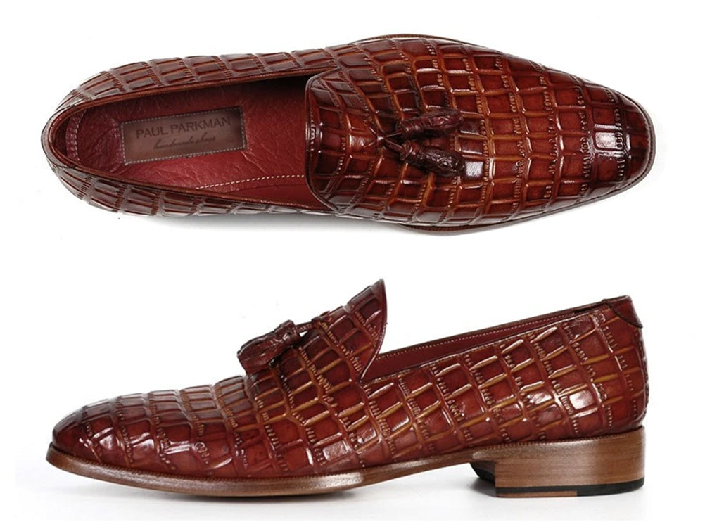 Paul Parkman Brown Crocodile Embossed Calfskin Tassel Loafer showcasing hand-painted upper, tassel detail, and luxurious Bordeaux lining.