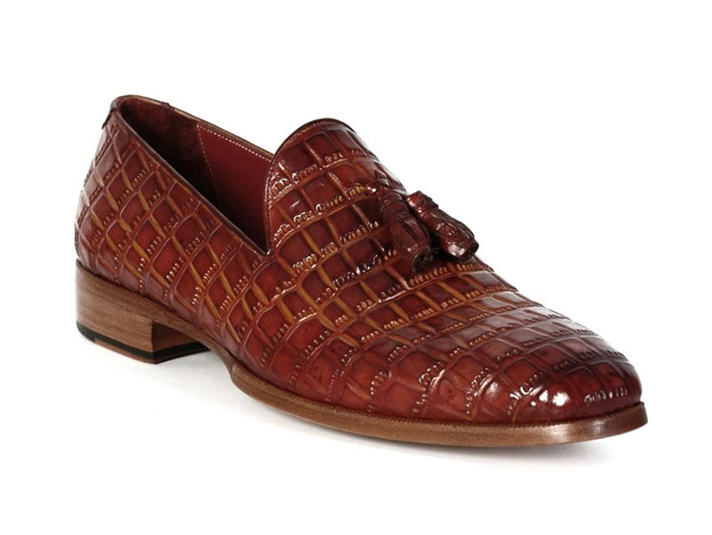 Paul Parkman Brown Crocodile Embossed Calfskin Tassel Loafer showcasing hand-painted upper, tassel detail, and luxurious Bordeaux lining.