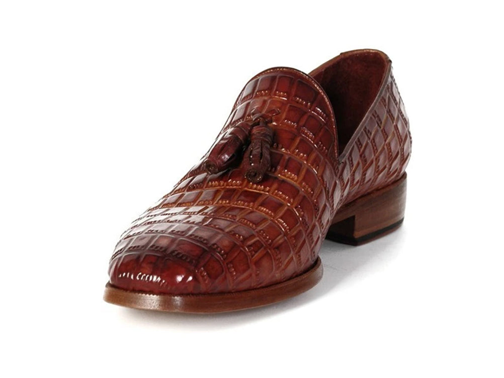 Paul Parkman Brown Crocodile Embossed Calfskin Tassel Loafer showcasing hand-painted upper, tassel detail, and luxurious Bordeaux lining.