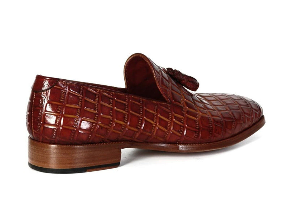 Paul Parkman Brown Crocodile Embossed Calfskin Tassel Loafer showcasing hand-painted upper, tassel detail, and luxurious Bordeaux lining.