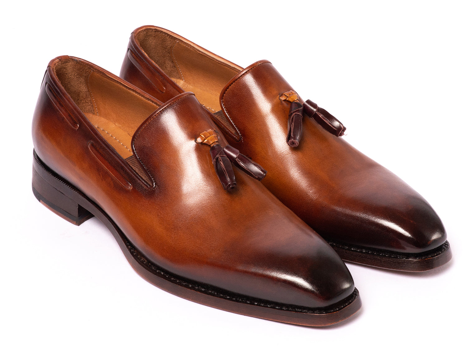 Paul Parkman Brown Goodyear Welted Tassel Loafers showcasing hand-painted leather and antique finished sole.