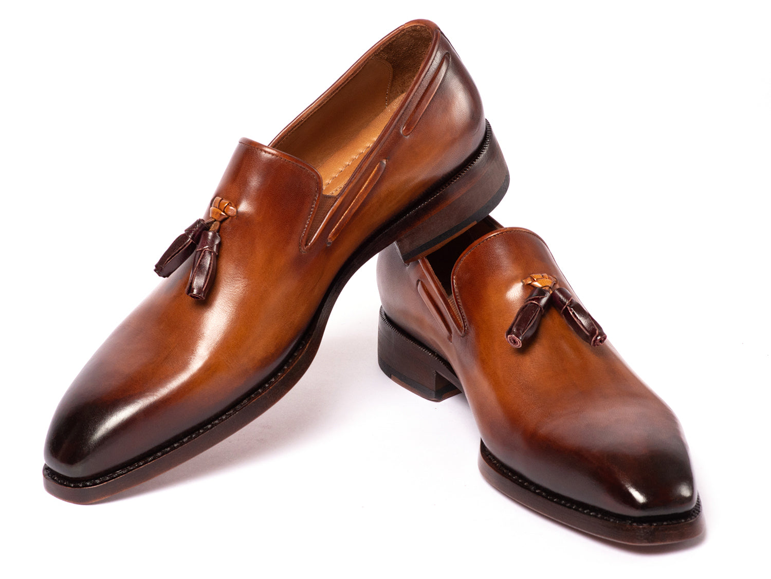 Paul Parkman Brown Goodyear Welted Tassel Loafers showcasing hand-painted leather and antique finished sole.