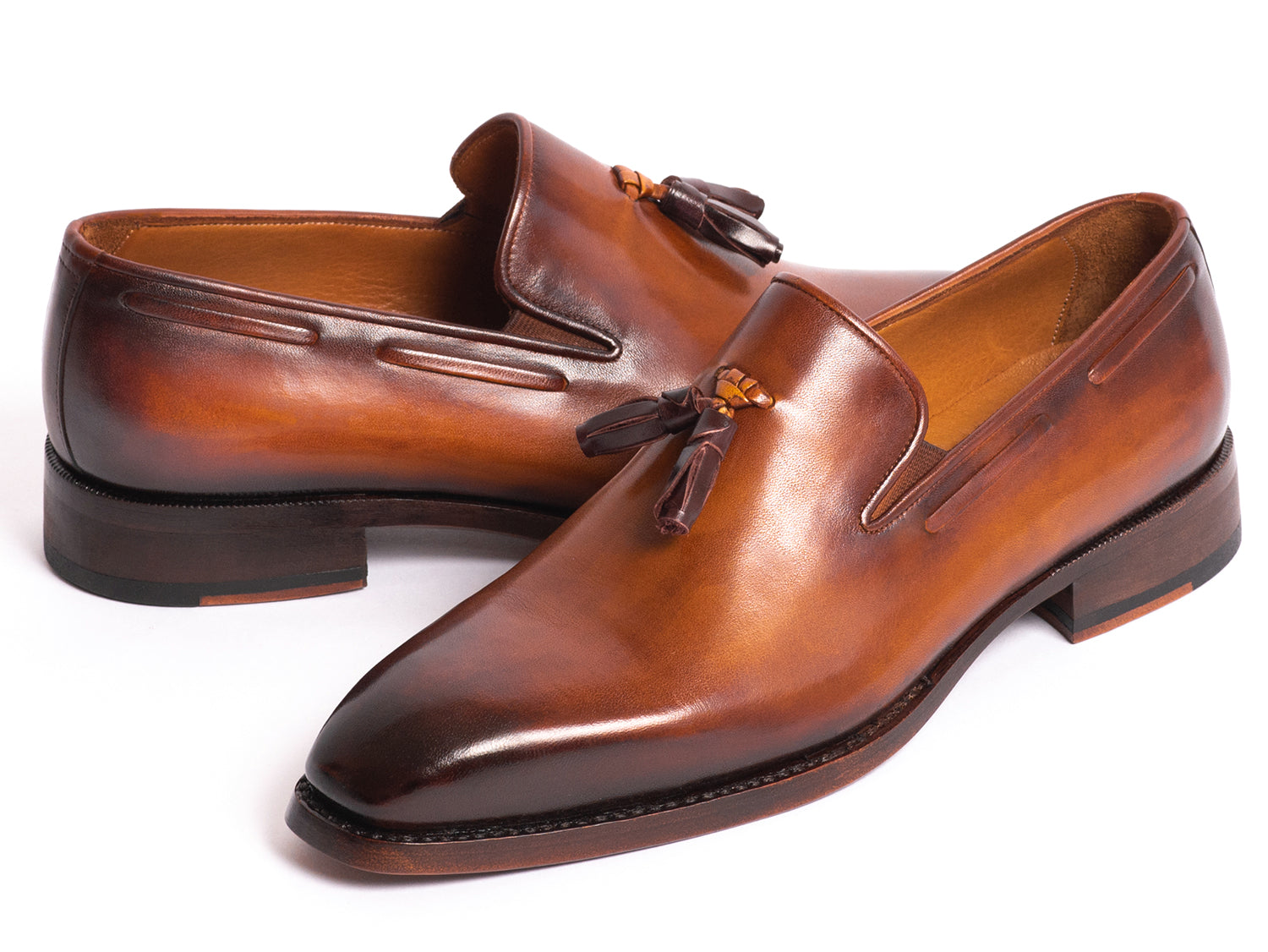 Paul Parkman Brown Goodyear Welted Tassel Loafers showcasing hand-painted leather and antique finished sole.