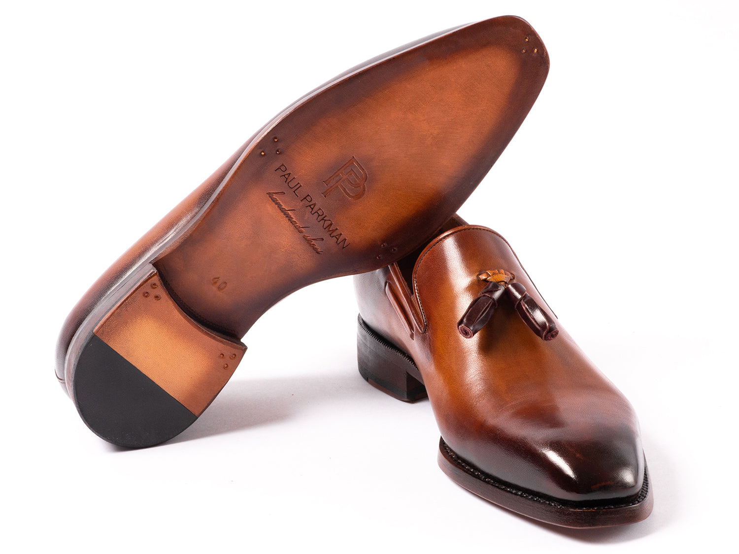 Paul Parkman Brown Goodyear Welted Tassel Loafers showcasing hand-painted leather and antique finished sole.