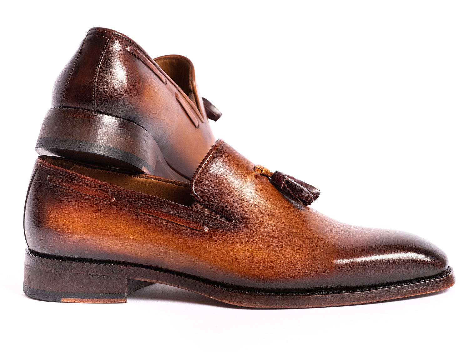 Paul Parkman Brown Goodyear Welted Tassel Loafers showcasing hand-painted leather and antique finished sole.