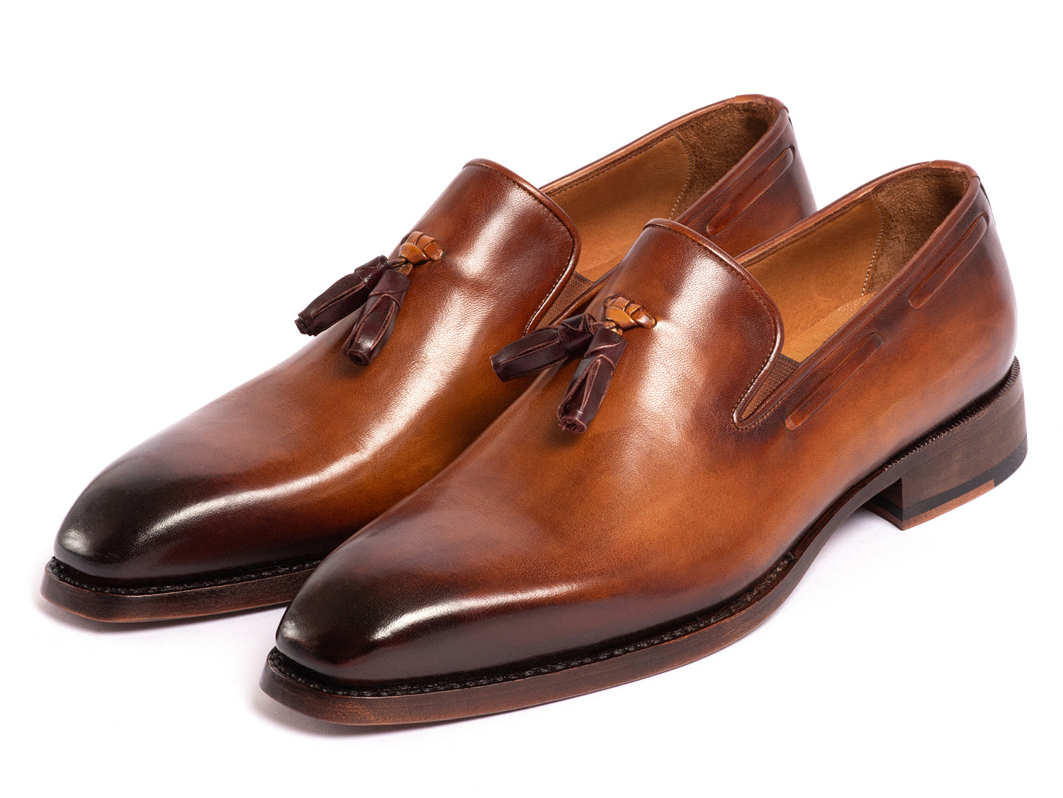 Paul Parkman Brown Goodyear Welted Tassel Loafers showcasing hand-painted leather and antique finished sole.