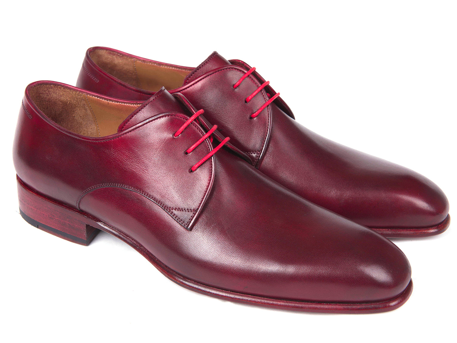 Paul Parkman Burgundy Hand Painted Derby Shoes featuring a luxurious burgundy calfskin upper and natural leather sole, showcasing a unique hand-painted finish.