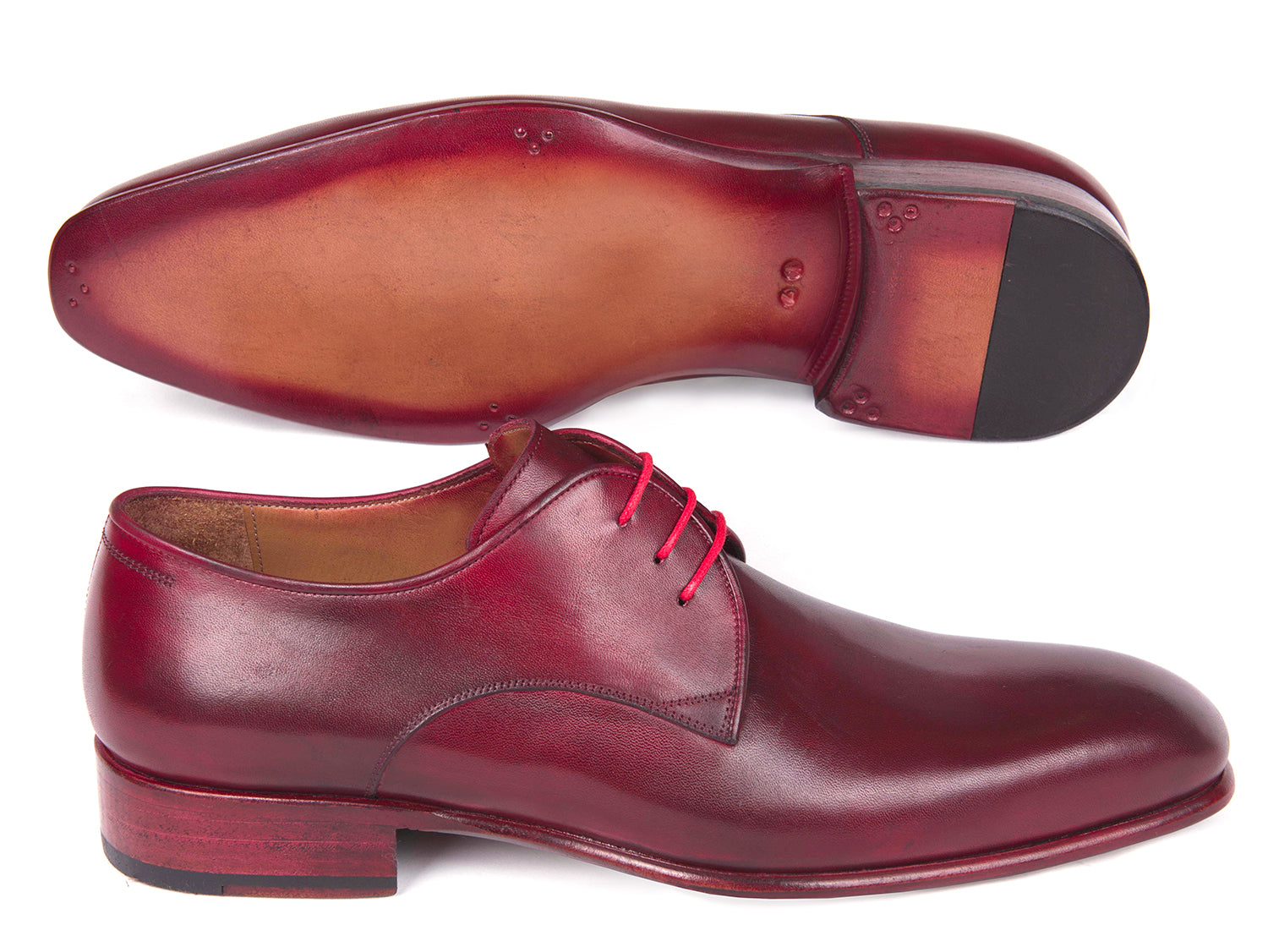 Paul Parkman Burgundy Hand Painted Derby Shoes featuring a luxurious burgundy calfskin upper and natural leather sole, showcasing a unique hand-painted finish.