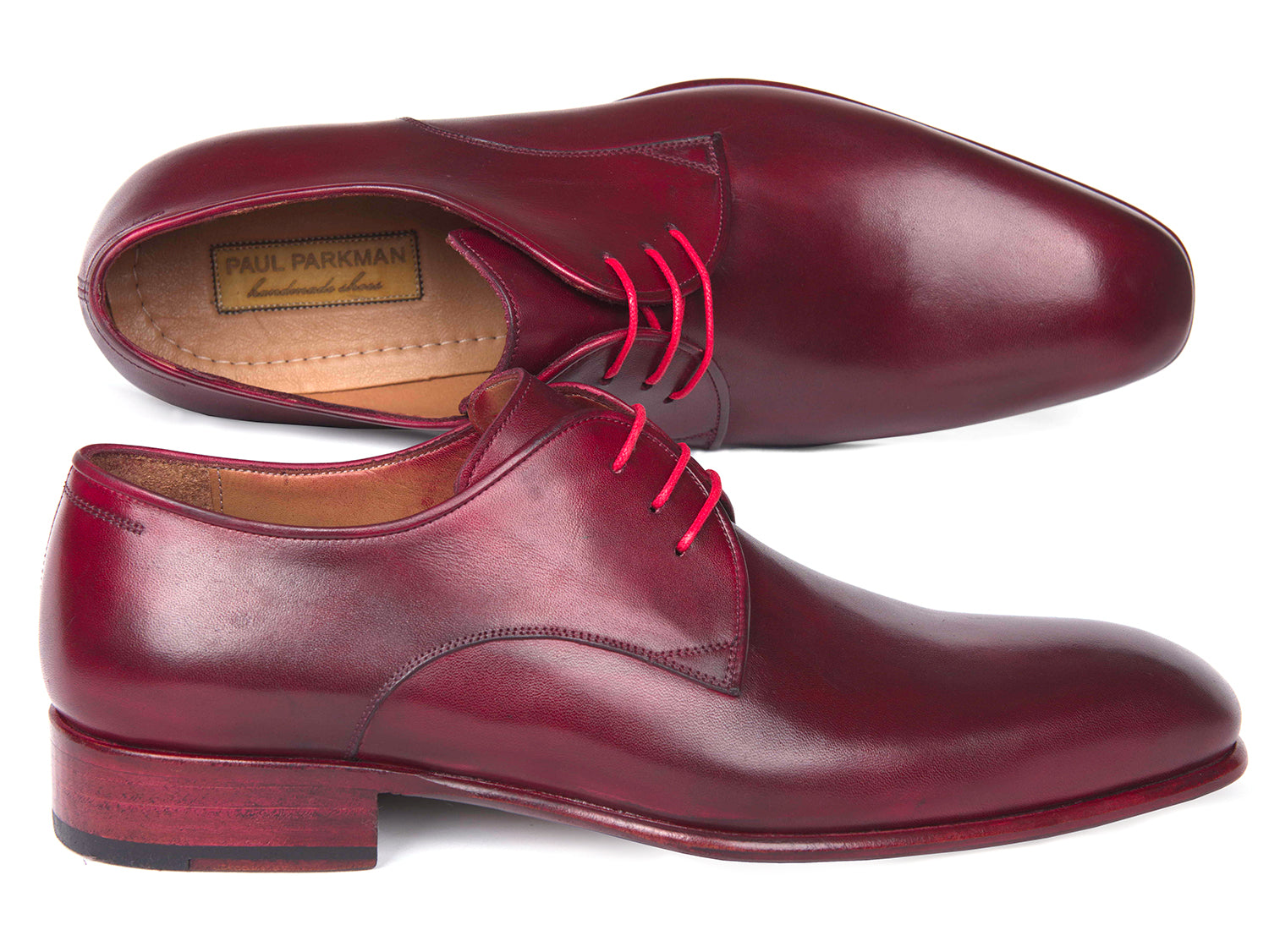 Paul Parkman Burgundy Hand Painted Derby Shoes featuring a luxurious burgundy calfskin upper and natural leather sole, showcasing a unique hand-painted finish.