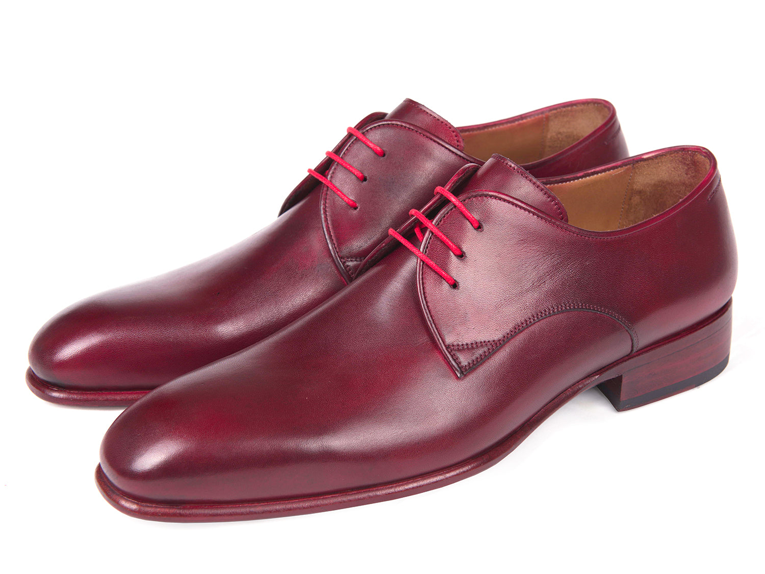 Paul Parkman Burgundy Hand Painted Derby Shoes featuring a luxurious burgundy calfskin upper and natural leather sole, showcasing a unique hand-painted finish.