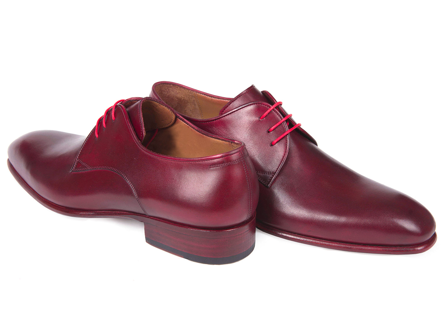 Paul Parkman Burgundy Hand Painted Derby Shoes featuring a luxurious burgundy calfskin upper and natural leather sole, showcasing a unique hand-painted finish.