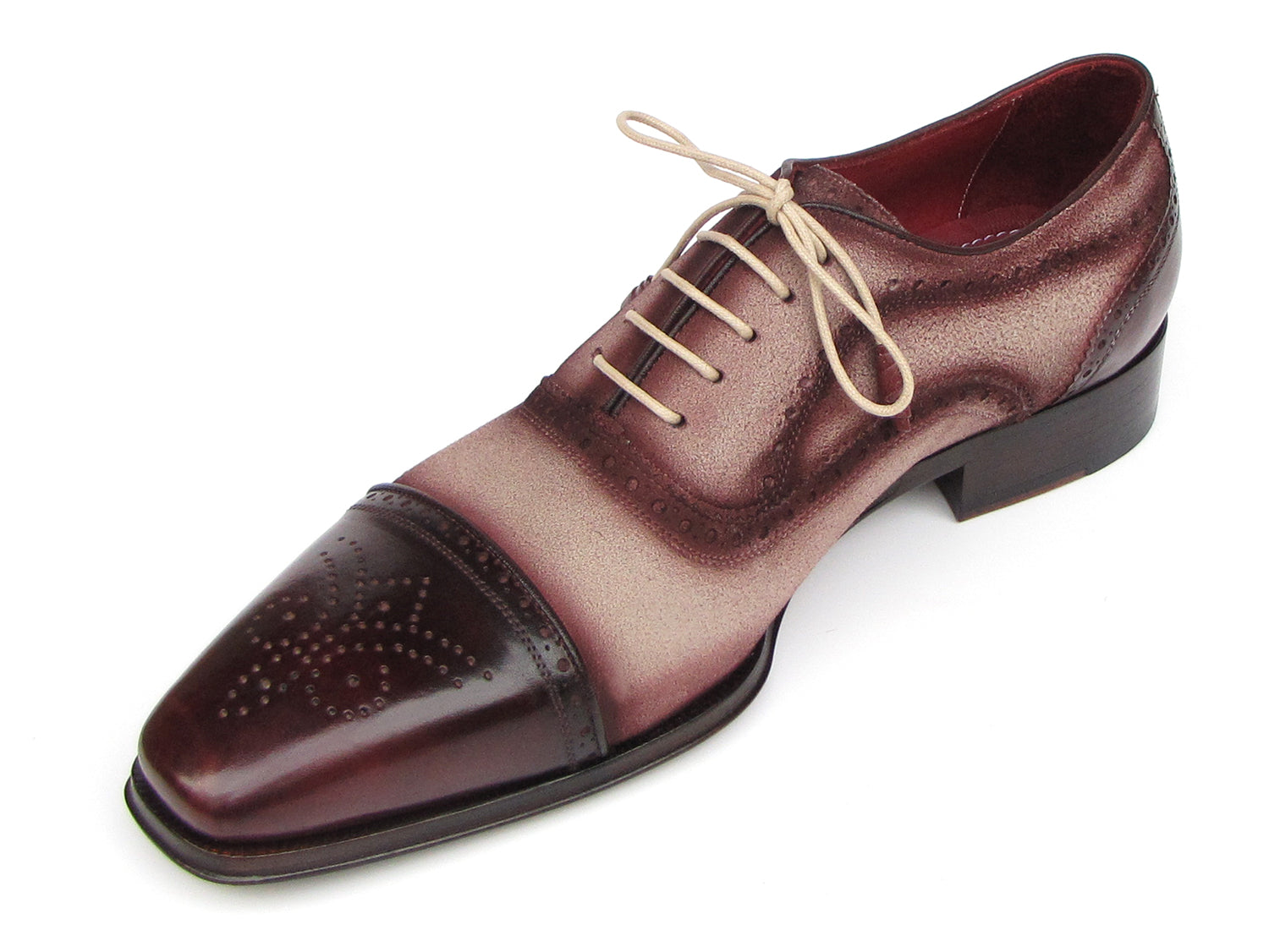 Paul Parkman Captoe Oxfords in Bordeaux and Beige, showcasing hand-painted suede upper and dark burgundy leather cap-toe.