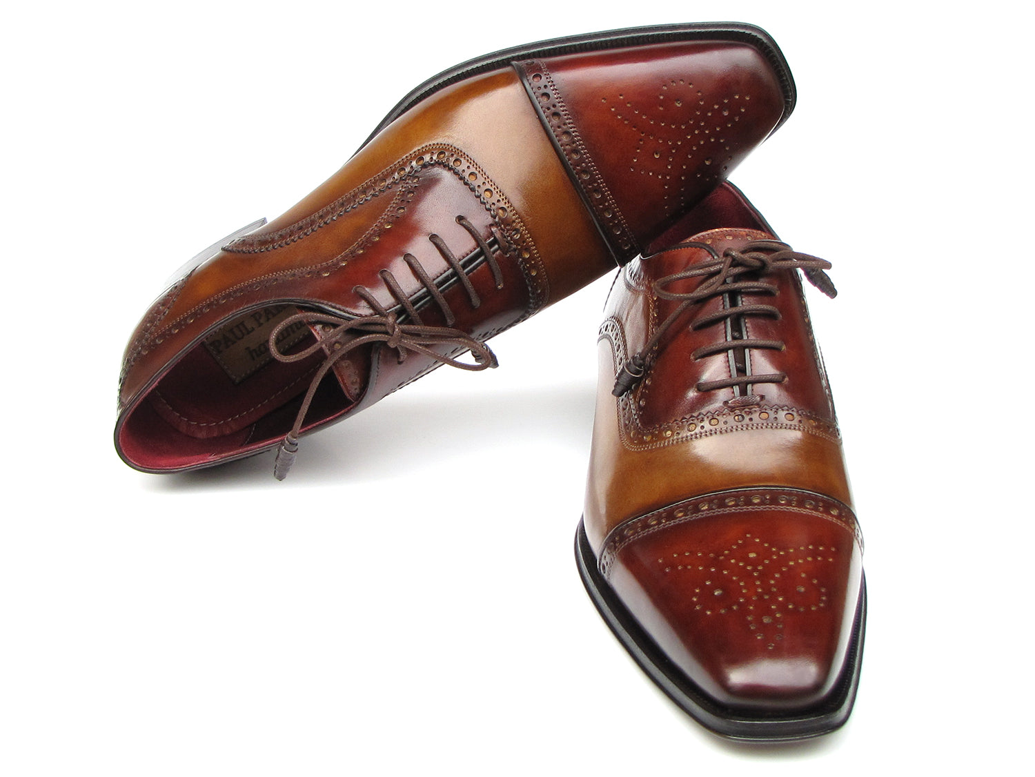 Paul Parkman Captoe Oxfords in Camel and Red, showcasing hand-painted leather upper and floral cap-toe design.