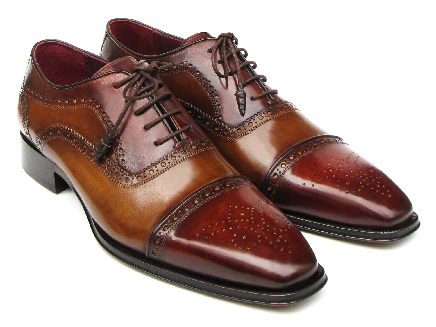 Paul Parkman Captoe Oxfords in Camel and Red, showcasing hand-painted leather upper and floral cap-toe design.