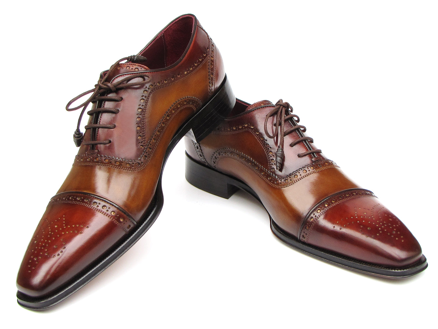 Paul Parkman Captoe Oxfords in Camel and Red, showcasing hand-painted leather upper and floral cap-toe design.