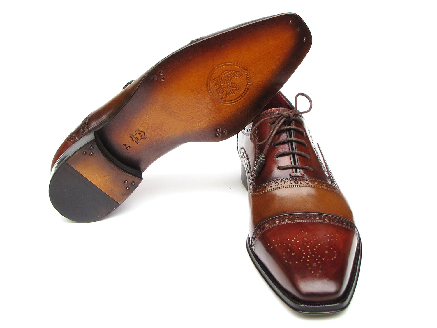 Paul Parkman Captoe Oxfords in Camel and Red, showcasing hand-painted leather upper and floral cap-toe design.