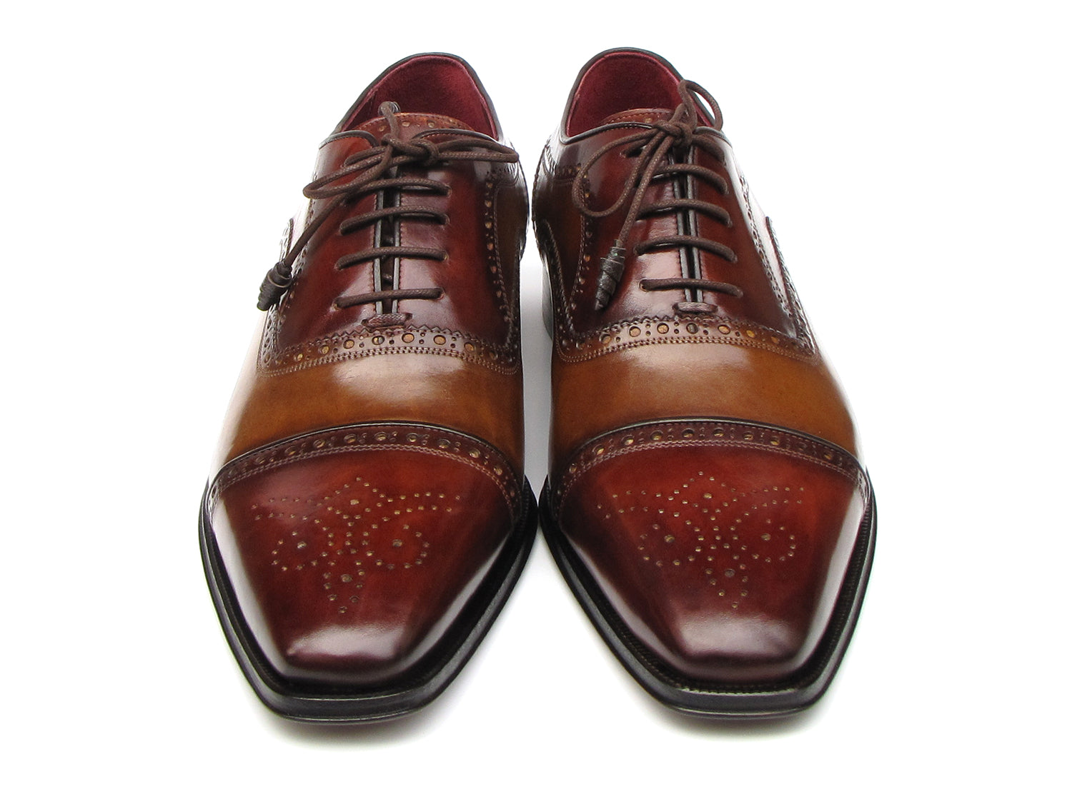 Paul Parkman Captoe Oxfords in Camel and Red, showcasing hand-painted leather upper and floral cap-toe design.