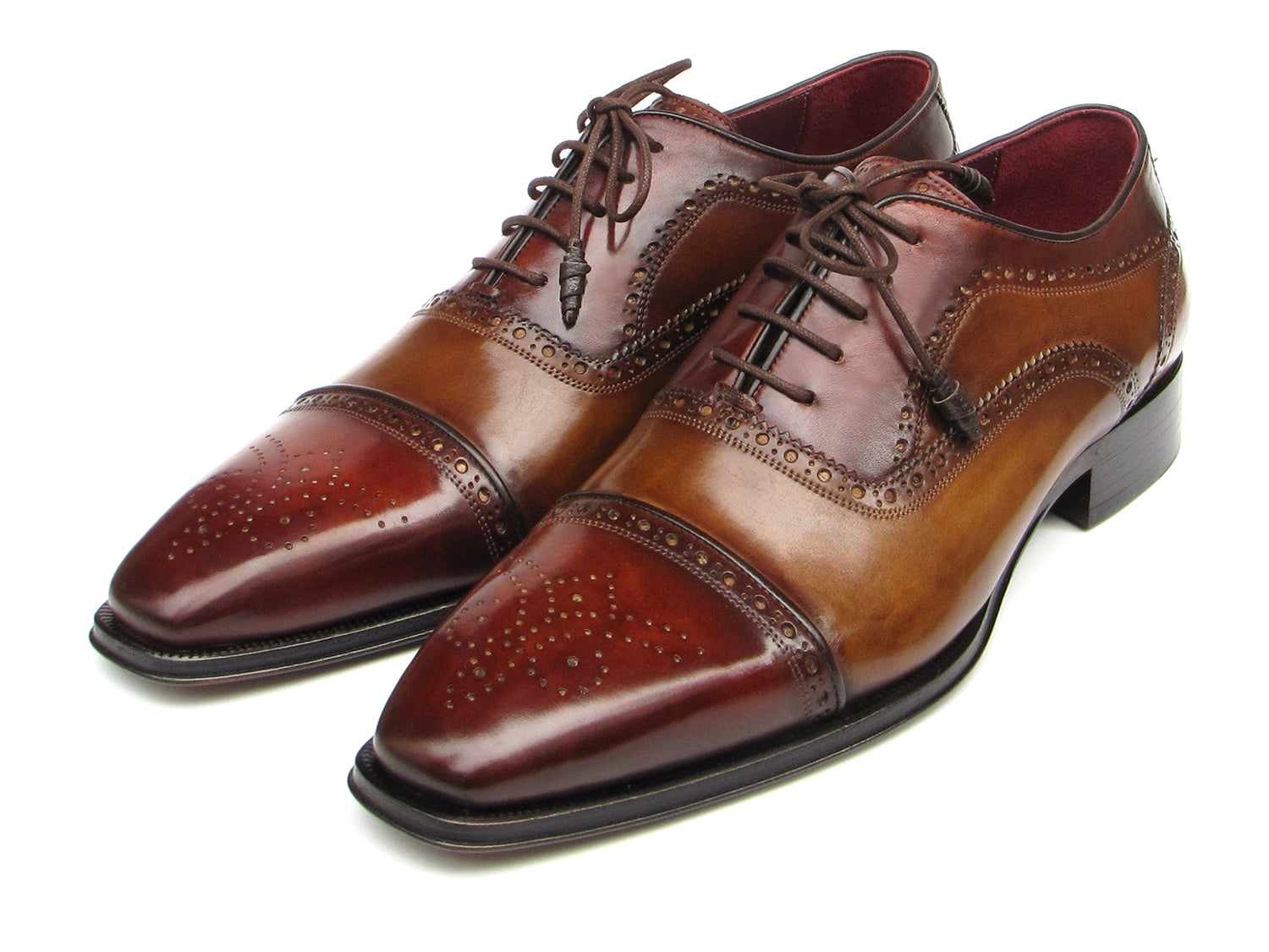 Paul Parkman Captoe Oxfords in Camel and Red, showcasing hand-painted leather upper and floral cap-toe design.