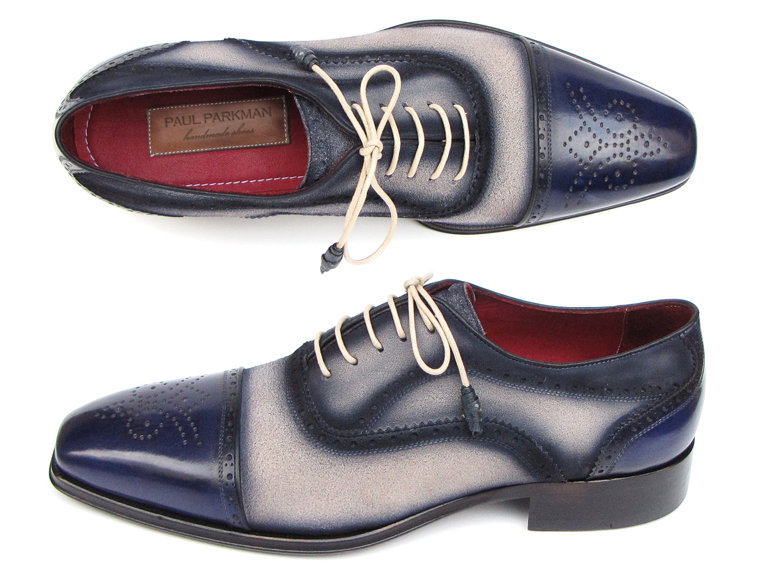 Paul Parkman Captoe Oxfords in Navy and Beige, showcasing hand-painted suede upper and antiqued leather sole.