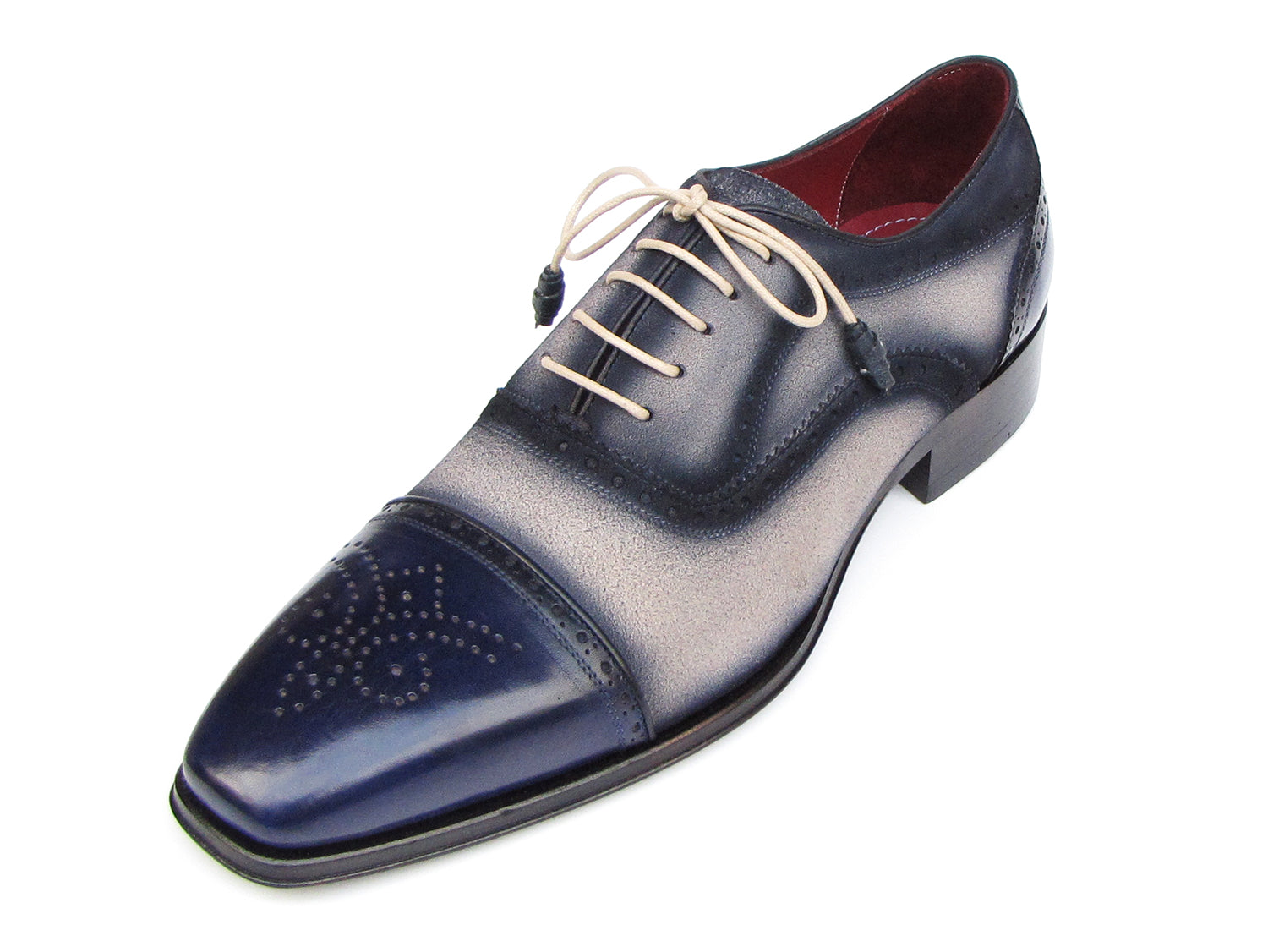 Paul Parkman Captoe Oxfords in Navy and Beige, showcasing hand-painted suede upper and antiqued leather sole.